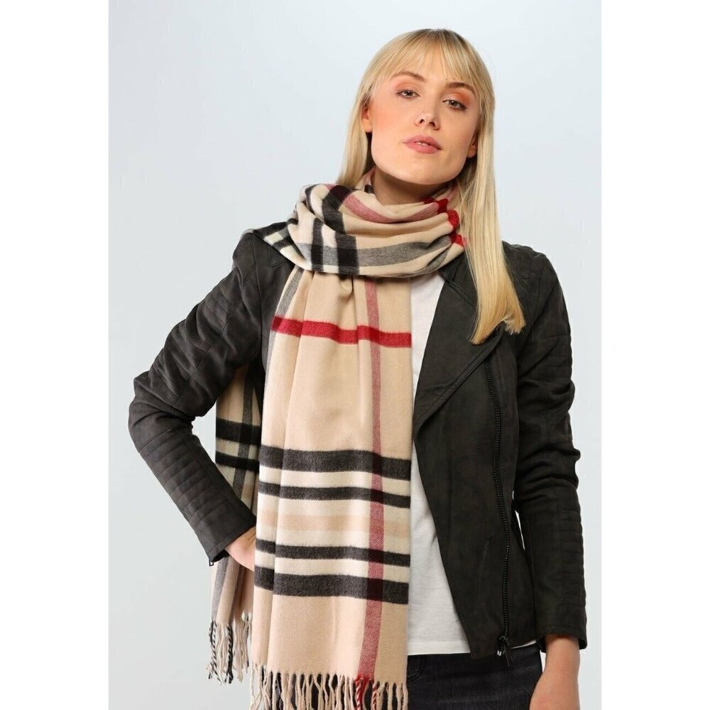 NEW V.FRAAS CASHMINK PLAID BEIGE BLANKET-SCARF UNISEX 23 × 80